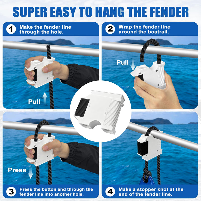 Boat Fender Hanger, Boat Rail and Cleat Fender Clips 4 Pack White, Quick Connect Fender Lines, Bumper Adjuster, Fits 1/4" - 1/2" Fender Lines, Rails up to 1” 4Pcs