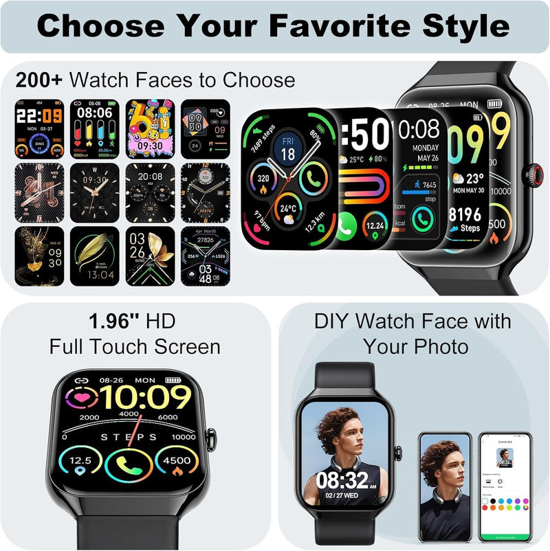 Fempoin Smart Watch for Women Men,1.96" Smartwatch, Answer/Make Call | IP68 Waterproof Fitness Tracker, 100+ Sport Modes, Heart Rate and Sleep Monitor, Pedometer, Smartwatches for Android iOS Black