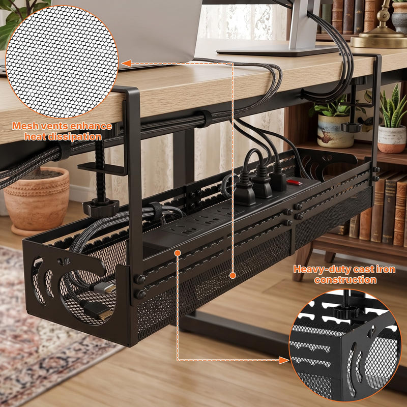 Under Desk Cable Management Tray, 15-25in Retractable Metal Cord Organizer Rack, No Drill Desk Tray with Clamp, Anti-Slip Pads Cable Tray for Home, Office, Gaming, Standing Desks