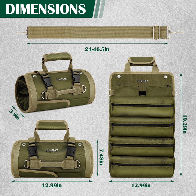 Tool Roll Up Bag Organizer, Heavy Duty Waterproof Tool Roll Bag with Detachable Pouches, Portable Tool Organizer for Mechanic, Electrician, Car Truck Motorcycle Tool Storage, Green