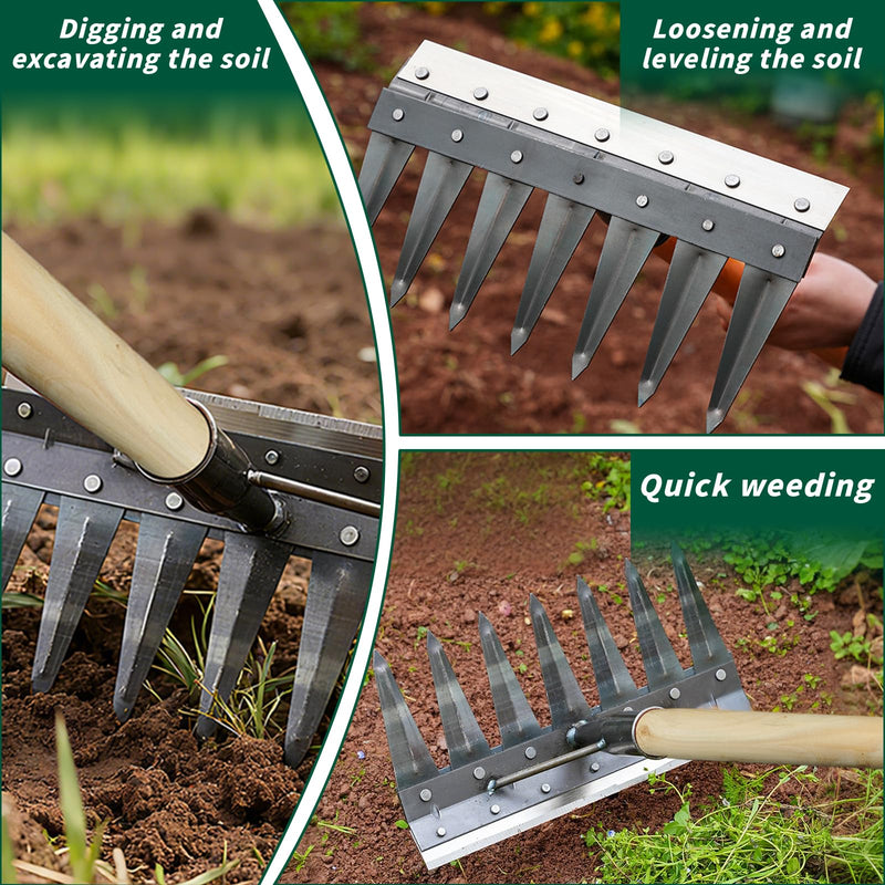 7 - pronged Heavy-Duty Garden Tiller Featuring a Wooden Handle,Iron Weed Puller Tool,New Spray-Painted Iron Manual Weed rake, Gardinia uprooting Tool,Suitable for Lawn and Garden