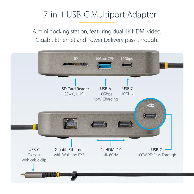 StarTech.com 7-in-1 USB C DisplayLink Dual Monitor Docking Station, Dual 4K 60Hz HDMI Dock for MacBook M1 M2 M3 M4 & Windows, USB 10Gbps Hub, Gigabit Ethernet, SD, 100W PD, 22in (56cm) Cable
