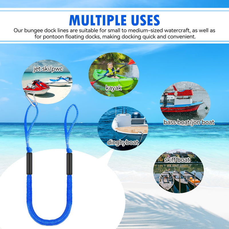 Boat Bungee Dock Lines 4 ft - Single Hook Dock Rope with 2 Loops, 2 Pack (Blue) blue