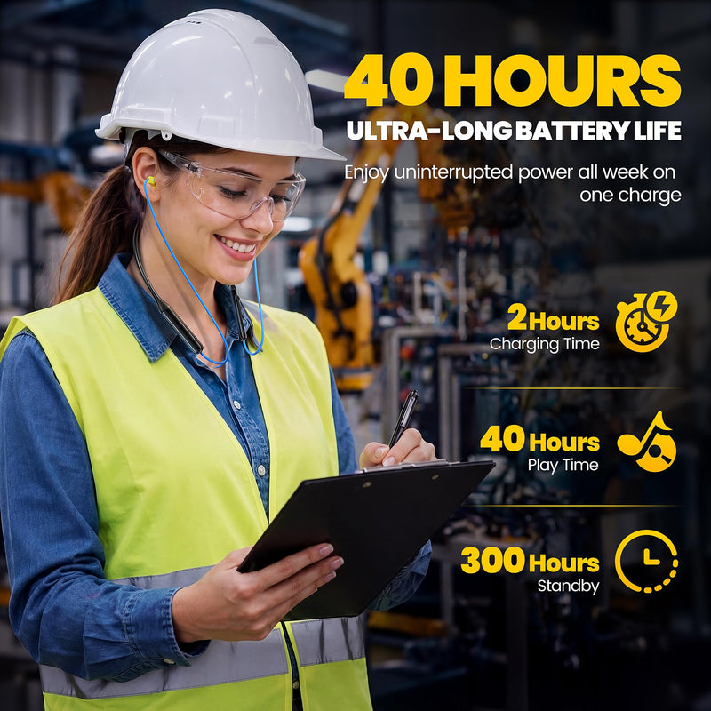 Next-Gen Bluetooth 6.0 Earplug Headphones for Work, 30dB Hearing Protection | 40H Playtime, OSHA-Compliant, Built-in USB-C Plug, IPX6 Waterproof, Neckband Noise Reduction Wireless Safety Earbuds with Mic Blue with Yellow