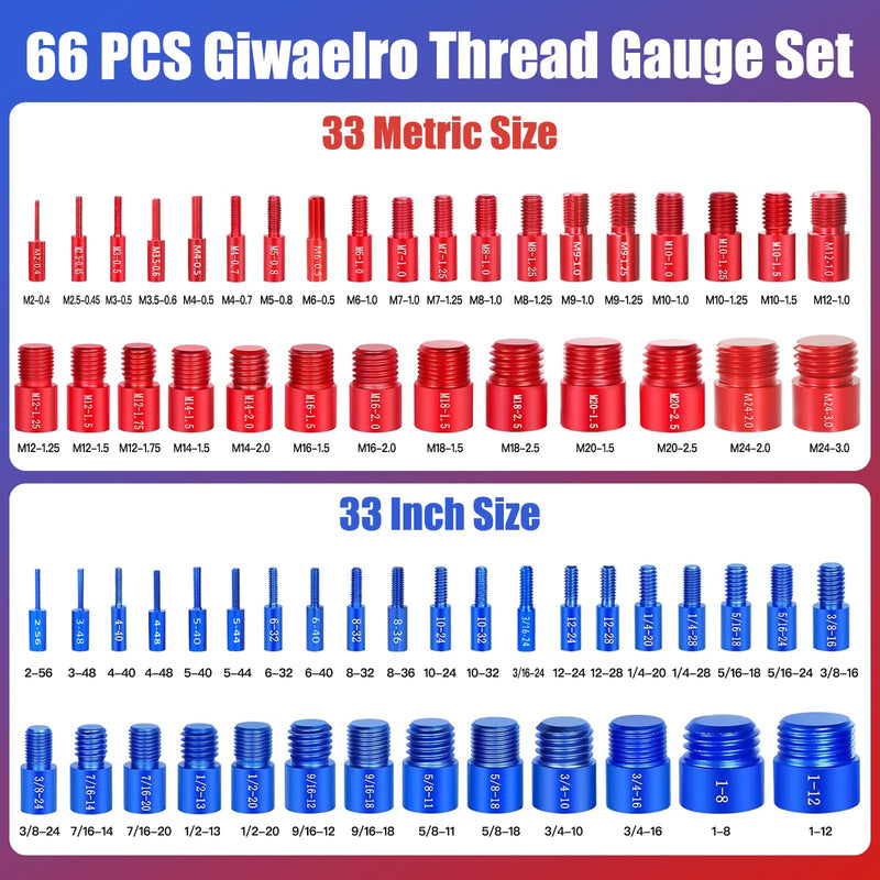 Nut and Bolt Thread Checker - 66 PCS Nut and Bolt Gauges Individually Housed in Case (33 Inch & 33 Metric) Specially Suitable for Size Check on Tricky and Narrow Area 66 Gauges - 33 Inch & 33 Metric