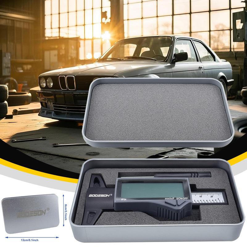 GODESON Digital Tire Tread Depth Gauge - IP54 Waterproof, 2.5" LCD Screen, 3 Modes (Fraction/Inch/MM), 1" Range, Auto-Off, Tire Wear Measure Gauge Tool 32nds for Car, Truck & SUV Tires IP54 IN/MM/FRAC - Grey
