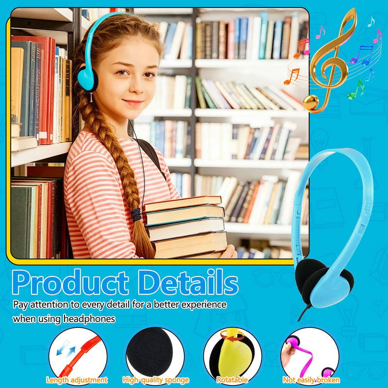 Classroom Headphones Bulk 10 Pack for Kids Students, Wired | On Ear Headphones for School Teens Adults Testing Online Learning, 3.5mm Jack for Laptop Chromebook Mixed Colors