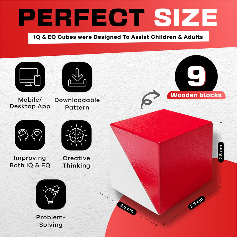 PrfcNL IQ Test Blocks - 9 Wooden Cubes in White and red with 60 Patterns and Mobile app, Ideal for WISC, WAIS, WPPSI prep,Educational STEM Montessori Gift for All Ages Challenge