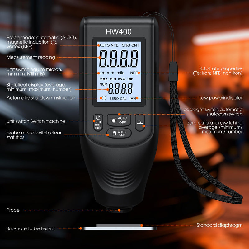 Paint Thickness Gauge, Digital Coating Thickness Gauge Meter for Cars, for Measurement of Metals Plastics Ceramics Glass Water