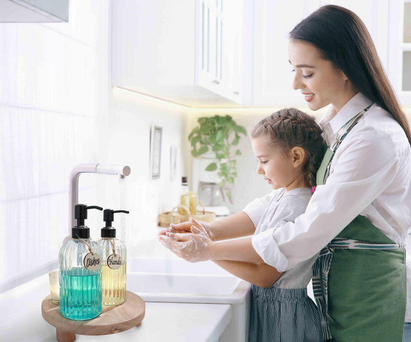 JASAI 2PACK 18Oz Simple Glass Soap Dispensers with Black Pump, Refillable Kitchen soap Dispenser with Vertical Stripe, Bathroom Soap Dispenser for Bathroom Hand soap, Dish Soap, Lotion. Clear-black Pump-2p 2 Pack