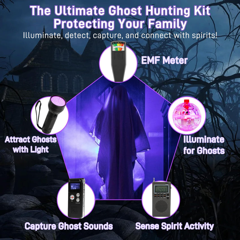 8 Pcs Ghost Hunting Kit with 1 EMF Meter,1 EVP Recorder,1 Spirit Box,1 UV Light,3 LED Light up Cat Balls & 1 Carrying Case UV Light Pro Kit