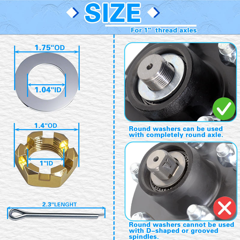 2 Sets 1'' Galvanized Trailer Axle Nut Kits 1'' I D Washers, 2.3'' Long Cotter Pins, 1'' I D Shaft Spindle Nuts for 1'' Trailer Completely Round EZ-Lube Axle 2K to 7K