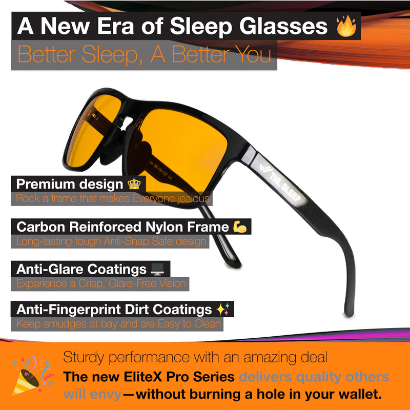 Carbon Reinforced Nylon Blue Light Blocking Glasses for Better Sleep - Orange Computer Migraine Glasses for TV Smartphone - EliteX Carbon Amber Nighttime Gaming Gamer Glasses for Screen Eye Strain