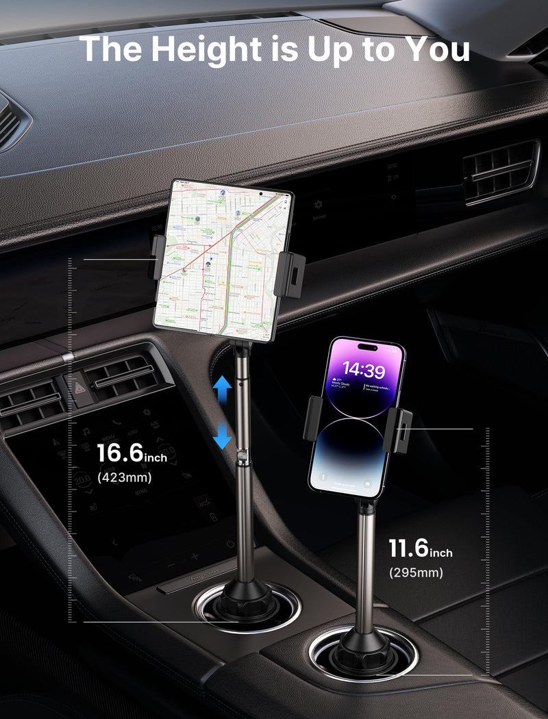 JSAUX Car Cup Holder Phone Mount for Foldable Phones & Mini Tablets | Sturdy Metal Long Arm, Flexible Height and Angle, Adjustable Base, Secure Phone Grip, Fits 2.17-4.33 in Car Cup Holders FlexMount