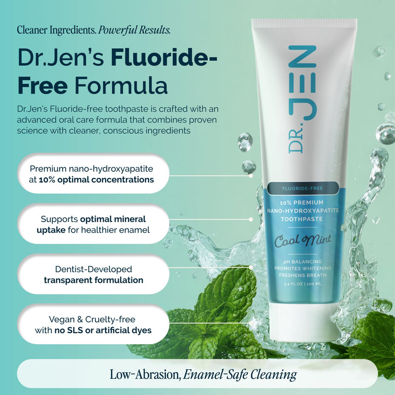 Dr. Jen Fluoride Free Toothpaste with 10% Premium Nano Hydroxyapatite, Xylitol & Glycerin, Remineralizing Daily Oral Care for Sensitive Teeth, Travel Essentials, Cool Mint, 1 Pack 3.4 Ounce (Pack of 1)