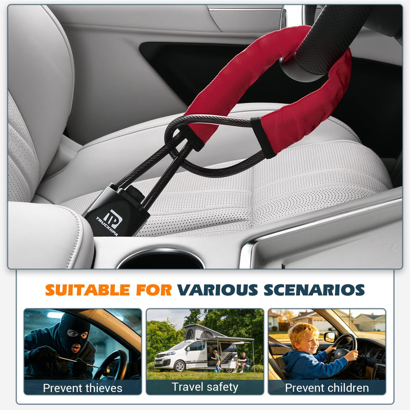 Truckiipa Steering Wheel Lock for Cars, Seat Belt Lock, Anti-Theft Device | with 3 Keys Compact & Lightweight, Maximum Length 17 Inch Easy to Operate, Security Fit Most Vehicles Truck SUV Van (Yellow) A01 Red