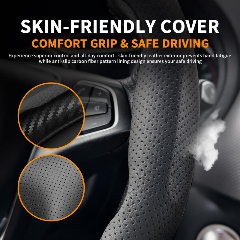 Nappa Leather Steering Wheel Cover, Universal 15 Inch Snap On Car Steering Wheel Cover for Men/Women, Comfortable & Breathable Microfiber Car Accessories Interior (Black) Black