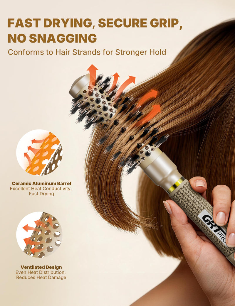 Professional Round Hair Brush Ceramic Negative Ion round brushes for blow drying with Circular Airflow, Even airflow for smooth, One-Stroke Smoothness for Tangle-Free Hair Care, 25MM, Short Hair Golden 25mm
