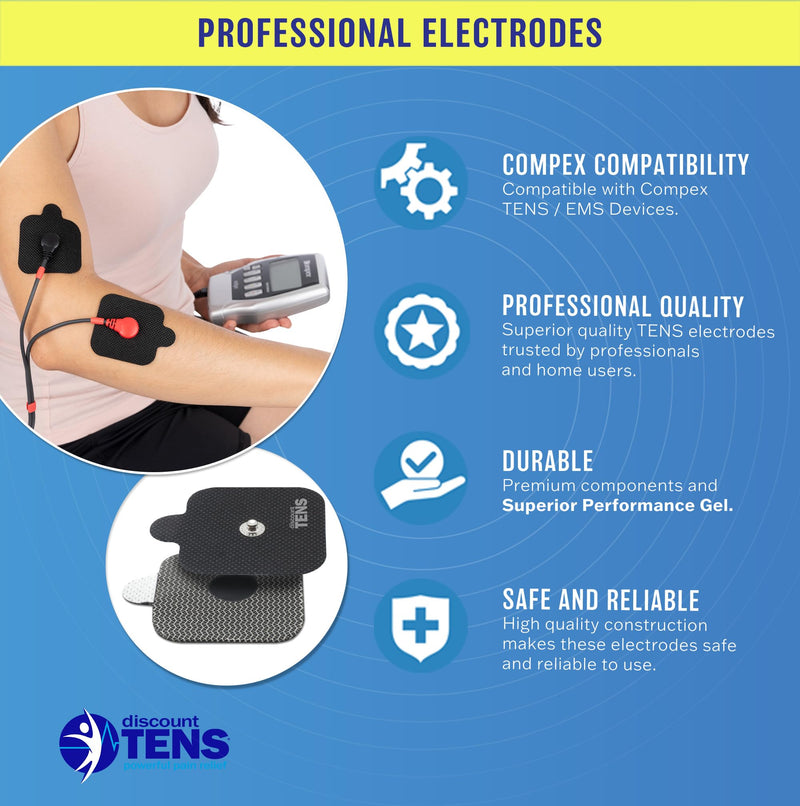 Discount TENS Brand – Easy Snap Replacement Electrodes Compatible with Compex. 8 Premium 2"x2" Replacement Pads for Compex TENS/EMS Units Edge, Sport, Elite – Durable, Reusable & Self-Adhesive 2x2 Inch (Pack of 8)