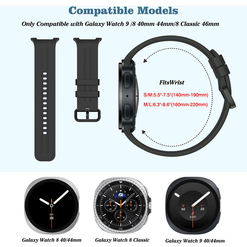 Bands Compatible with Samsung Galaxy Watch 9 40mm 44mm | No Gap Silicone Sport Bands Strap for Galaxy Watch 9 8 40mm 44mm galaxy watch 8 classic bands Black M/L