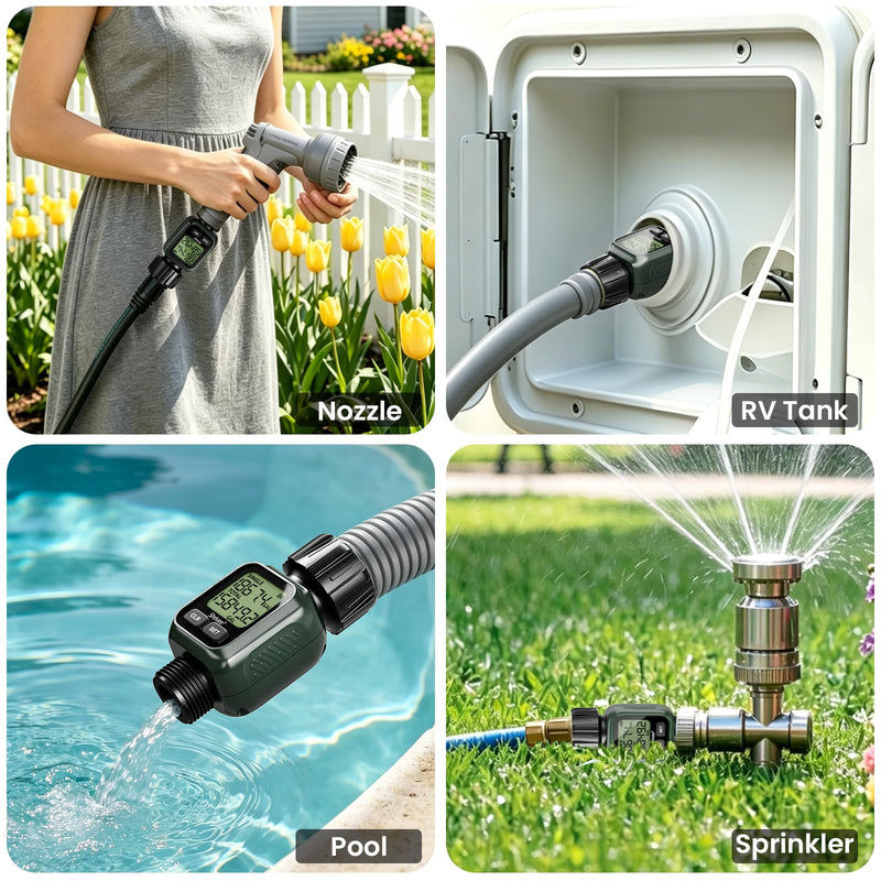 Water Flow Meter, ±5% Accuracy, Brass Inlet Metal Thread, 4 Measure Modes, Gallon/Liter Consumption & Flow Rate for Garden Hose, Lawn Sprinkler, RV Water Tank Filling, Nozzle Sprayer Built-in brass inlet