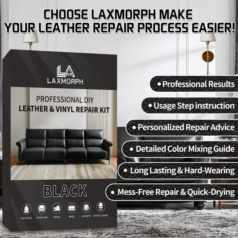 Black Leather Repair Kit for Furniture, Leather Vinyl Repair Kit for Car Interior,Couch, Jacket, and Purse - Fixes Tears, Burn Holes, and Scratches, Restores Any Material, Bonded, Pleather, Genuine black