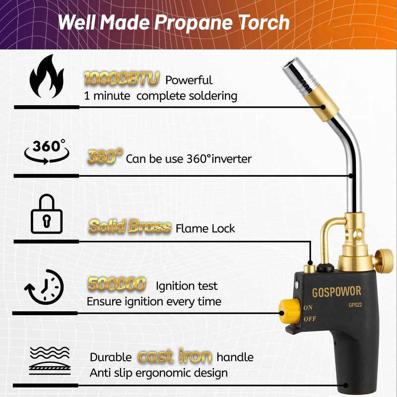High Intensity Propane Torch Head Fuel by Propane, MAPP, Welding Torch, Turbo Gas Torch Kit, Trigger Start Mapp Gas Torch Kit with Igniter,Propane torch,Blow Torch(Fuel Not Included) Black
