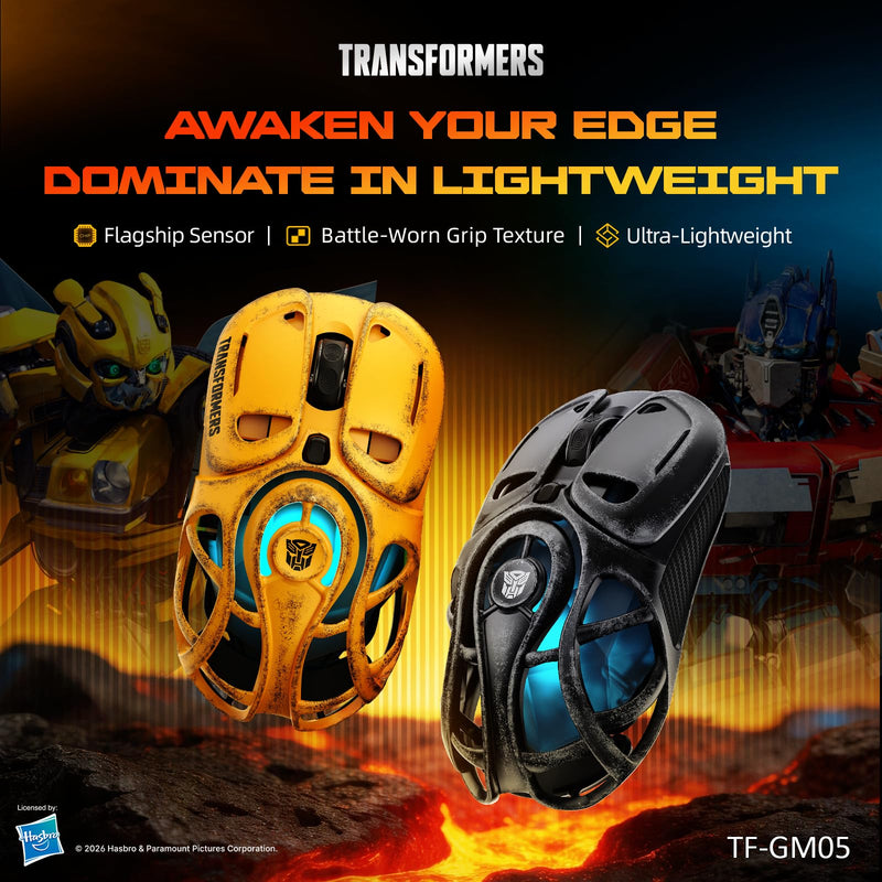 Transformers TF-GM05 Wireless Gaming Mouse, 71g Ultra-Light Hollow Mecha Design, Tri-Mode Bluetooth/2.4G/Wired, 12800 DPI, Huano Switches, PAW3311 Sensor, RGB, USB-C Rechargeable (Bumblebee Yellow) Bumblebee Yellow