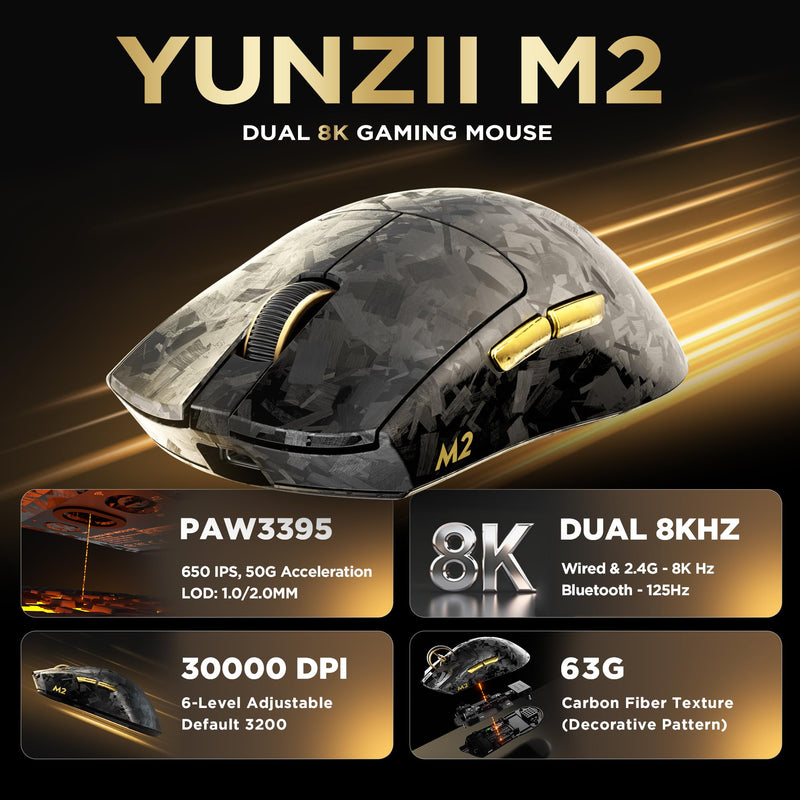 YUNZII M2 Dual 8K Wireless Gaming Mouse, PAW3395, 6-Level DPI(Black) | Carbon Fiber Decorative Pattern,Up to 30000 DPI,63g Ultra-Lightweight,Software and Web customization,Wired/BT/2.4GHz,500mAh Black