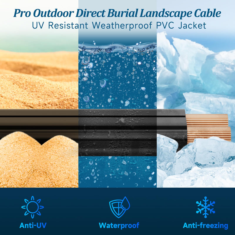 14/2 Low Voltage Landscape Wire - 50 Feet, 14 Gauge, 2 Conductor, UV Resistant, Direct Burial, Pro Landscape Lighting Cable 50FT