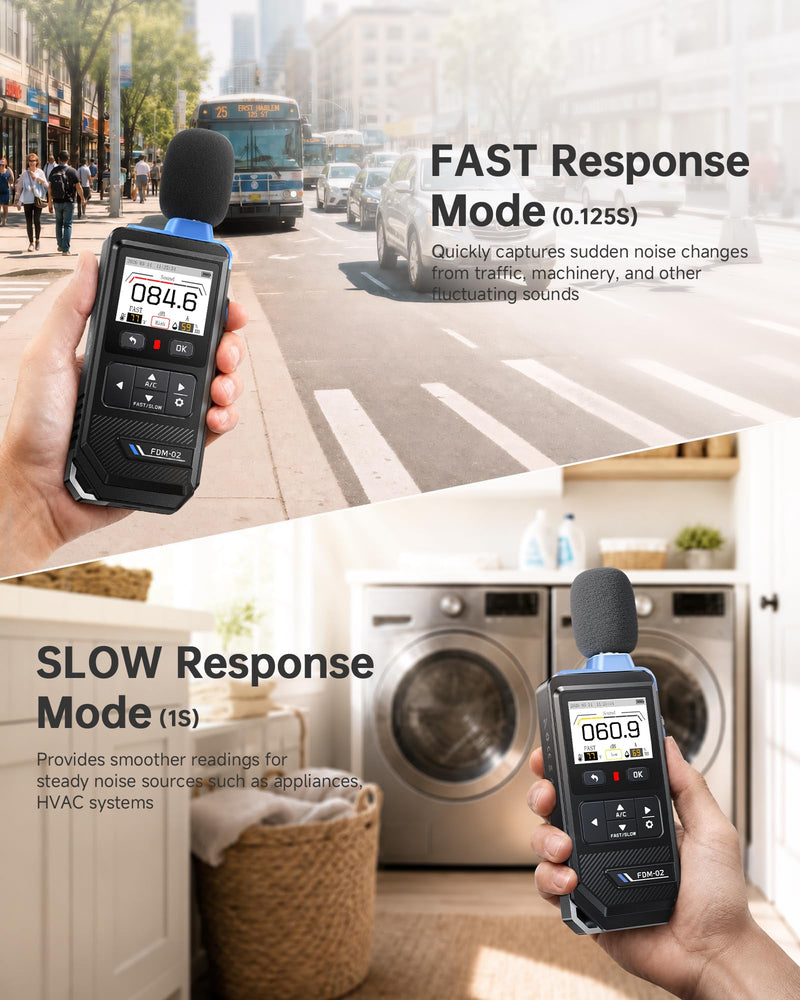 FNIRSI FDM-02 Decibel Meter, 30–130dB Sound Level Meter with 2" IPS Screen, A/C Weighting & Fast/Slow Response, Rechargeable for Home, Audio & Workplace Noise