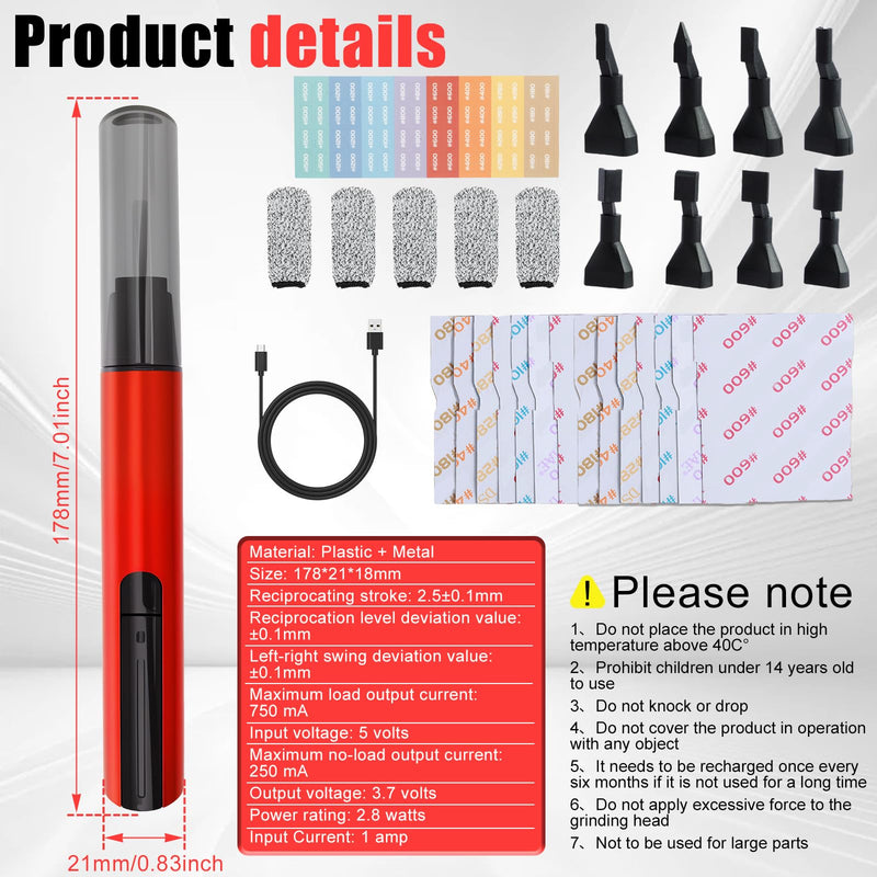 Electric Reciprocating Sander Mini Pen Detail Sander Tool USB Quick Charging Sanding Pen Portable with 8pcs Sanding Head Self-Adhesive Sandpaper 3 Gears Adjustable for Grinding Polishing