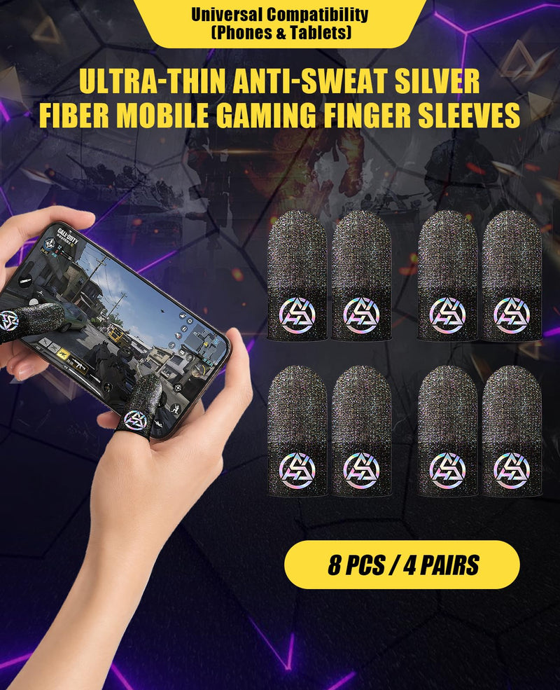 8 Pcs Silver Fiber Gaming Finger Sleeves, Ultra-Thin Dedales Gamer for Mobile Gaming, Anti-Sweat Breathable Thumb Sleeves Universal for Phones & Tablets