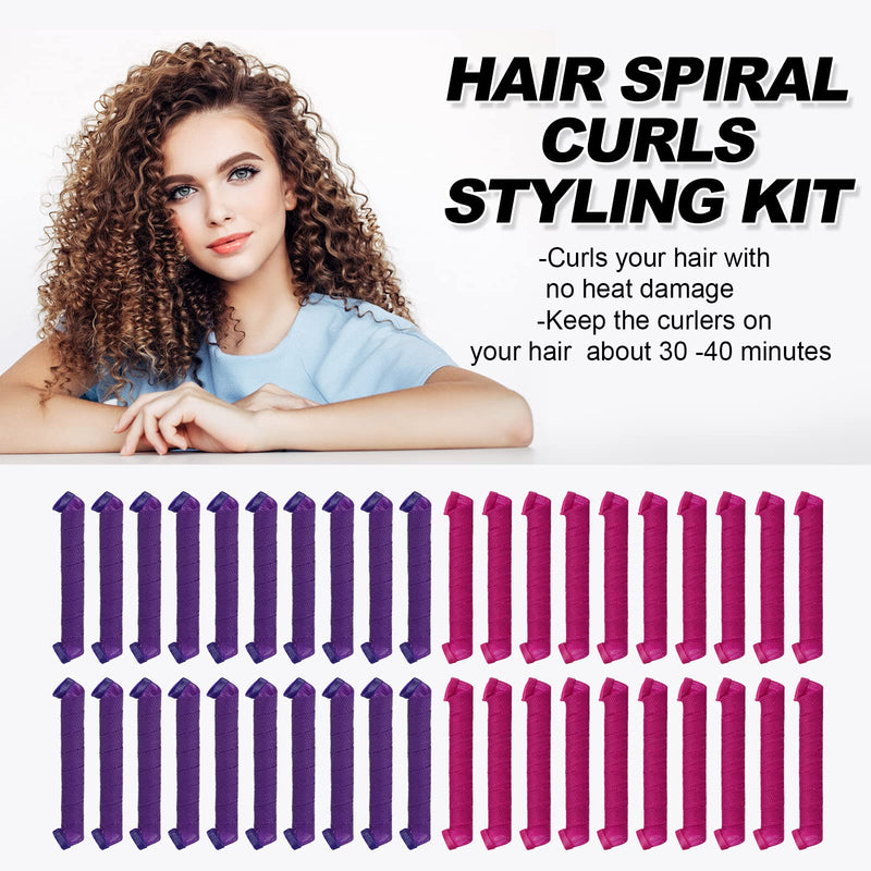 42pcs No Heat Hair Curlers Heatless Spiral Curlers with 2 Sets Styling Hooks 22inch/55cm Magic Hair Rollers No Heat Damage DIY Styling Kit for Women Kids Long Medium Hair Pink