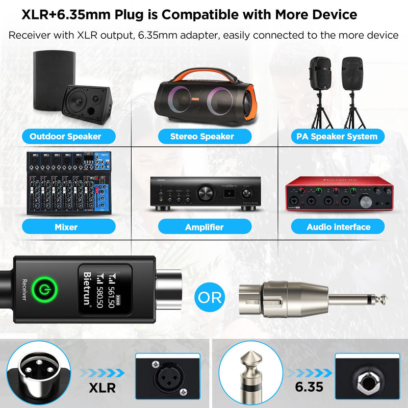 Bietrun XLR Wireless Microphone, Rechargeable Dual Metal Cordless Handheld Dynamic Mics for Mixer, Audio Interface, PA Amplifier System, Church, Singing, Karaoke(UHF 240FT Range)(with 6.35 Adapter) XLR Rechargeble Rechargeable Microphone-WXM19-2