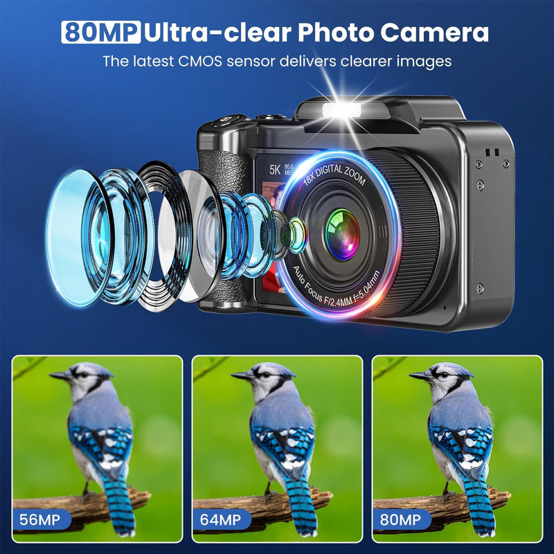 Digital Camera, 5K 80MP 3.5"+2" Dual Screen Cameras for Photography Autofocus, 18X Digital Zoom Vlogging Camera for YouTube, Travel, Beginners, Include 64GB Card and 2 Batteries, Black