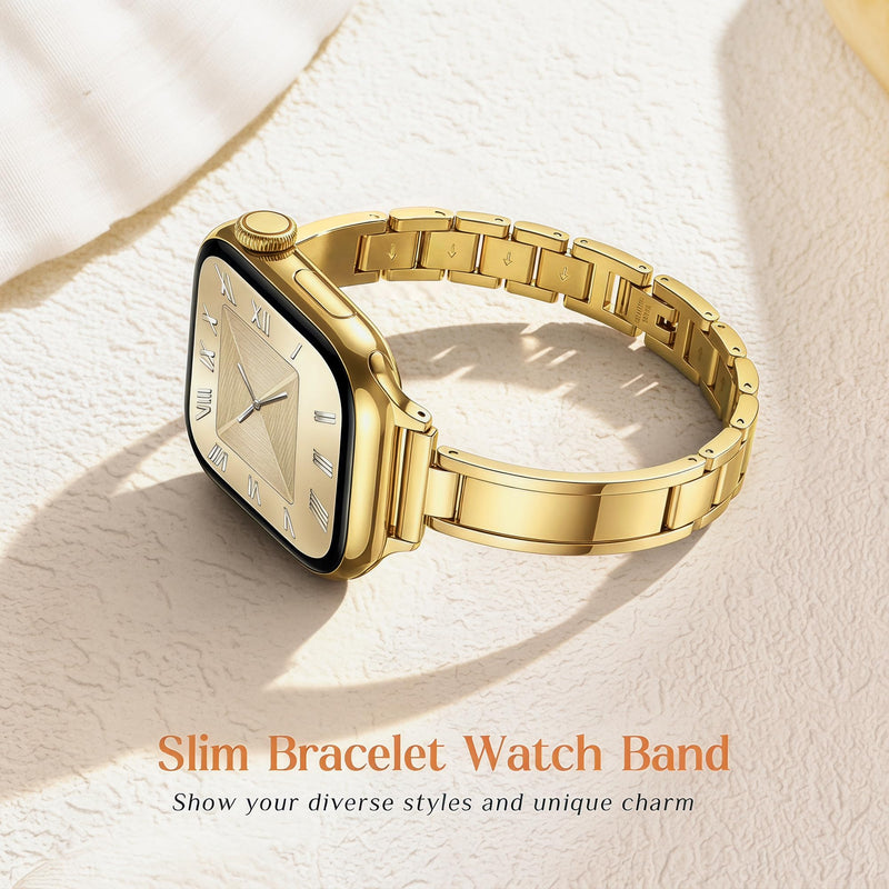 Slim Gold Apple Watch Bands for Women 38mm 40mm 41mm 42mm,Thin Curved Designer Dressy Metal Strap for iWatch Series 11/10/9/8/7/6/5/4/SE/3/2/1,Stainless Steel Bracelet Luxury Elegant Wristband 38mm/40mm/41mm/42mm(Series 11 10)