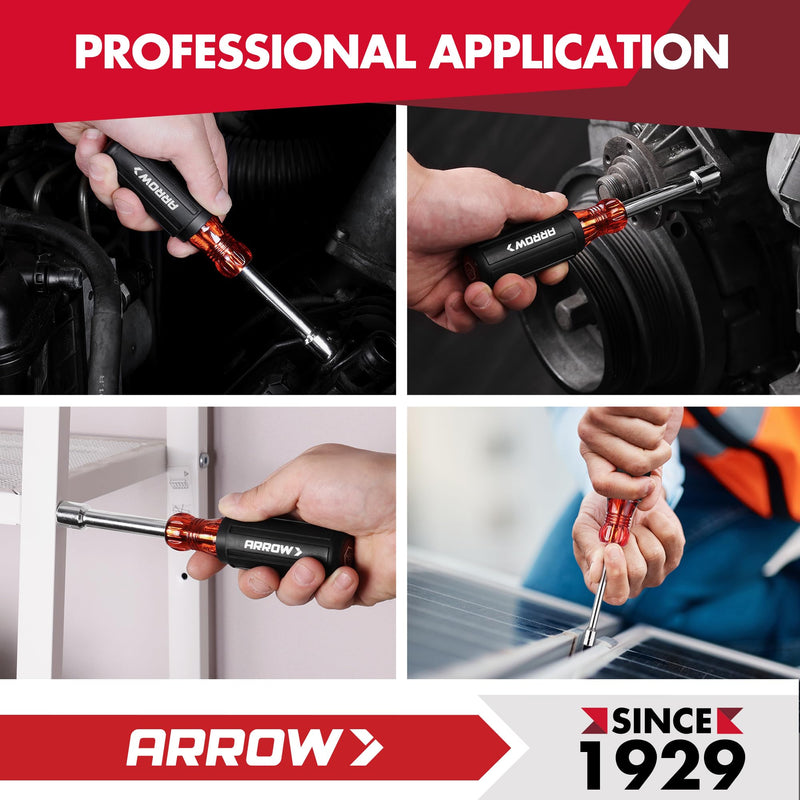 ARROW Nut Driver Set, 7 PCS SAE Nut Drivers with Non-Slip Grip, Cr-V Steel, 1-Inch Hollow Shaft, Hex Sizes 3/16, 1/4, 5/16, 11/32, 3/8, 7/16, 1/2-Inch, Easy for Tightening and Unscrewing