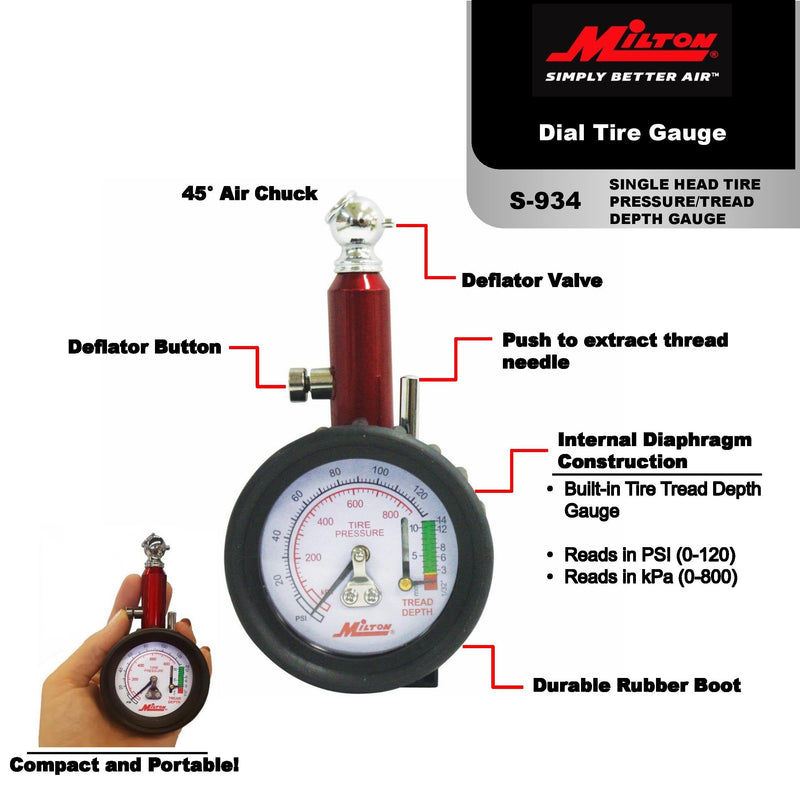 Milton (S-934) Dial Tire Pressure Gauge - Single Head Tire Tread Depth Gauge