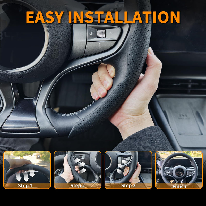 Nappa Leather Steering Wheel Cover, Universal 15 Inch Snap On Car Steering Wheel Cover for Men/Women, Comfortable & Breathable Microfiber Car Accessories Interior (Black) Black