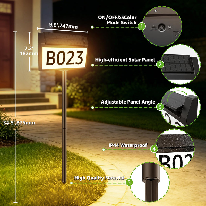 Solar Lighted House Numbers for Outside, 3 Color Modes Solar Address Signs, Outdoor Waterproof LED Illuminated Address Plaque with Stakes for Yard Home Garden Lawn Street