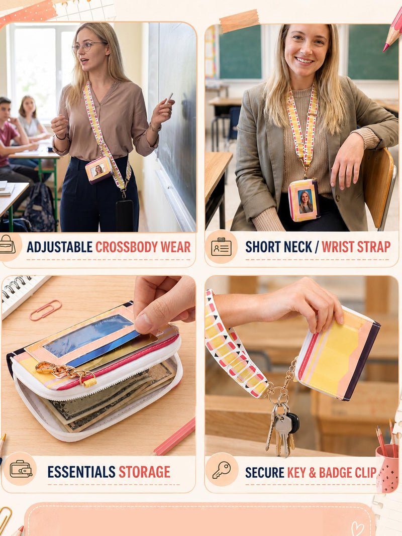 Woanger Teacher Phone Crossbody Lanyard with Wallet Pouch, Adjustable Clip Cell Phone Lanyard Back to School Teacher Gift Pencil