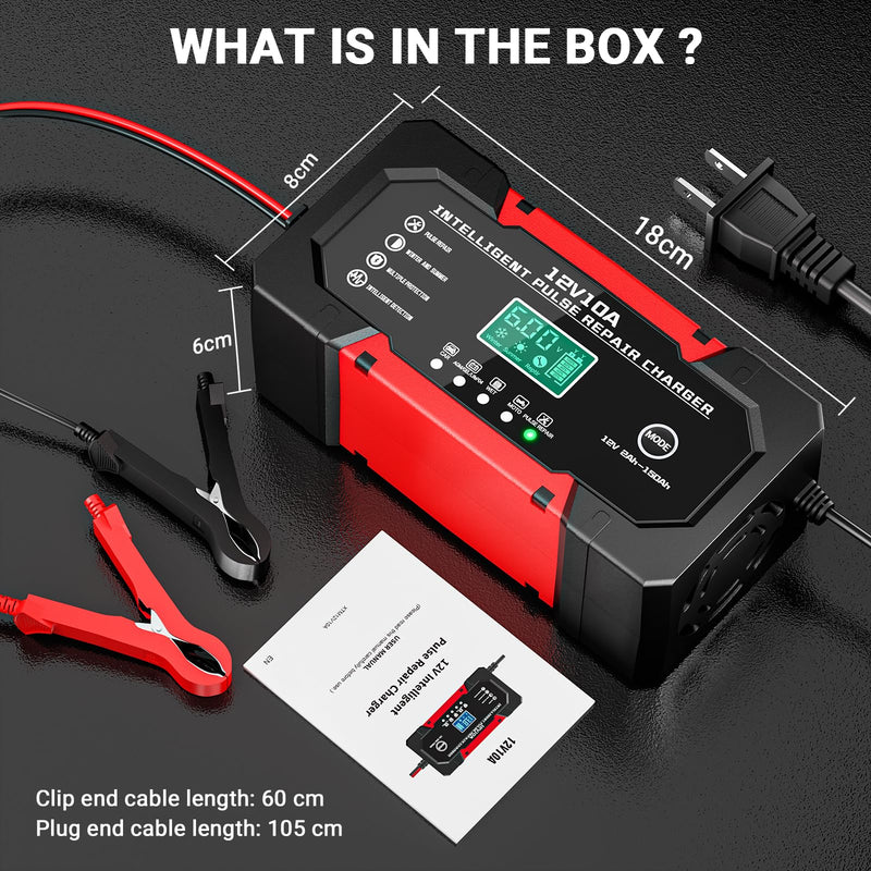 Battery Charger 10A 12V Fully Automatic Smart Car Battery Charger with LCD Display & Temperature Compensation for Car Motorcycle Vans Red 10A
