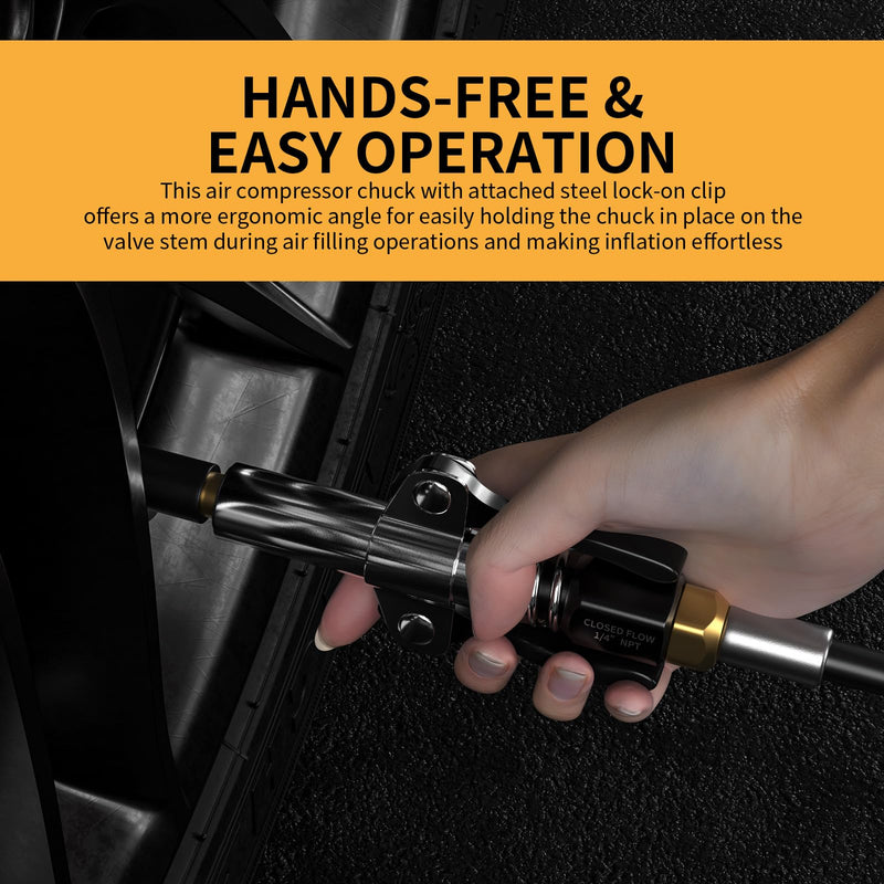 Locking Air Chuck, Heavy Duty Open Flow with Six Steel Jaws, Locks onto Any Tire Valve, No Leaks or Pop-Offs, Rated to 150 PSI - Open Flow