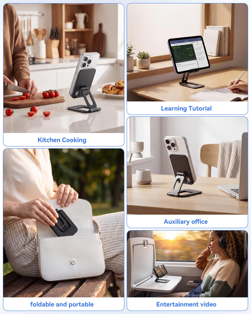 Adjustable Foldable Phone Stand for Desk, Premium Aluminum Cell Phone Holder, Portable Multi-Angle Desktop Stand Compatible with iPhone, Galaxy, iPad, Tablets & All Smartphones