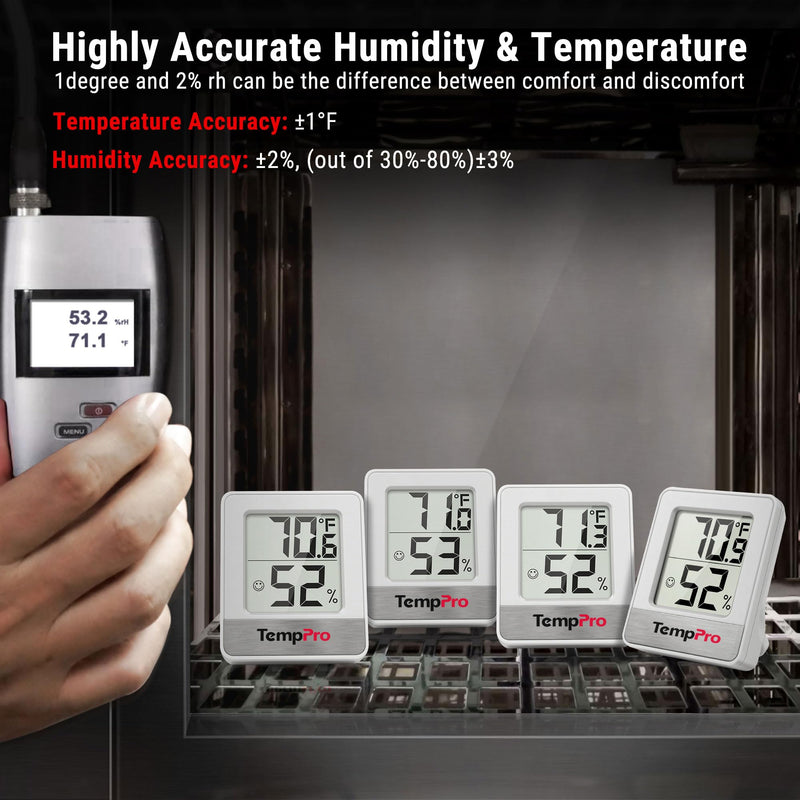 TempPro TP49 4 Pieces Digital Hygrometer Indoor Thermometer Humidity Meter Mini Hygrometer Thermometer with Temperature and Humidity Monitor Room Thermometer (Previously ThermoPro) Oyster White