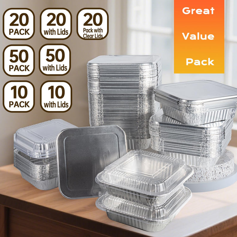 50 Pack 8x8 Aluminum Pans with Lids, 8x8 Foil Baking Pans with Lids | Heavy-Duty Aluminum Foil Pans with lids, Disposable Food Containers for Cake Baking, Cooking, Heating, Storing& Meal Prepping 50 Pack with Lids