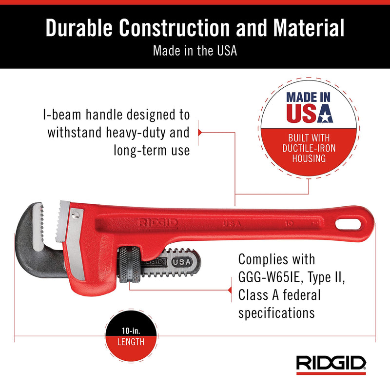 RIDGID 31010 Model 10 Heavy-Duty Straight Pipe Wrench, 10-inch Plumbing Wrench, Red, Black, 250mm (10in) 10" Durable, Heavy-Duty