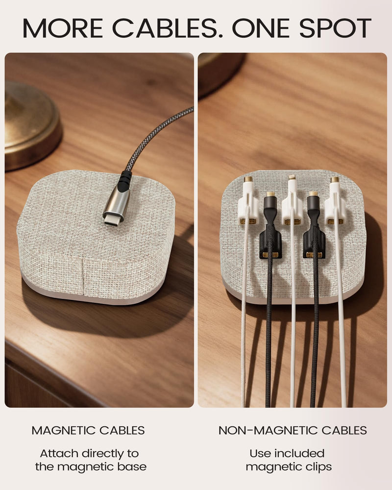 Magnetic Cord Holder, 5 Cable Clips, Desk & Nightstand Organizer | 2-In-1 Cable Management, Holds Up to 5 Cables, Anti-slip Base, Charging Accessory for Home, Office & Gift Giving Beige
