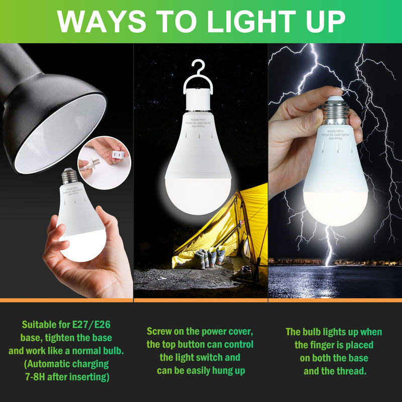 DEBAOBULB 6 Pack Rechargeable Emergency Light Bulbs, Battery Powered LED Light Bulb 6000K Daylight E26 120 Volt 9W 60W Equivalent with 1200mAh for Home Power Outage Camping Hurricane 6 Packs